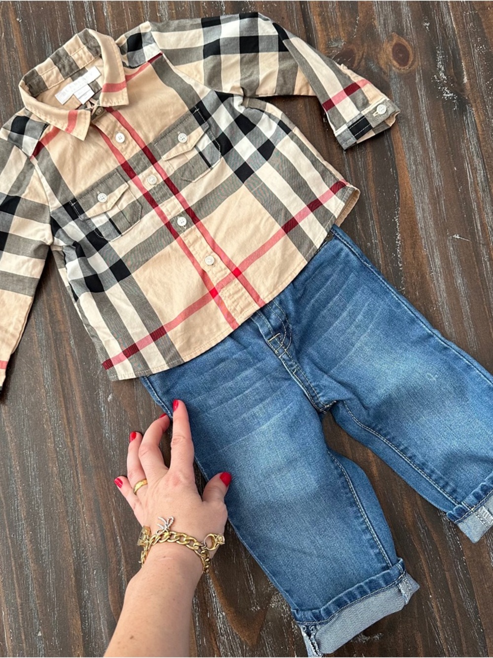 Authentic BURBERRY Nova Check Button-Up Shirt 9M + FREE 7FAM Jeans Outfit